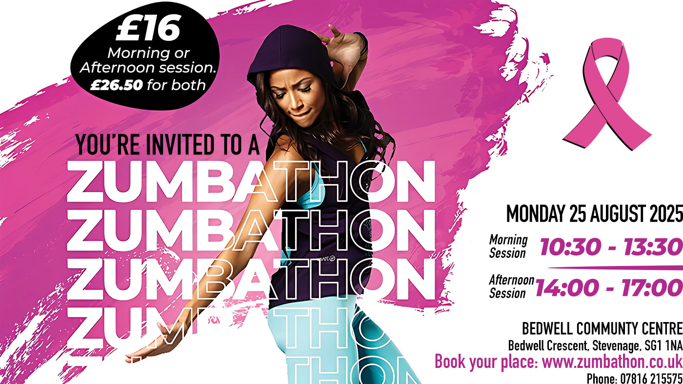 Zumbathon coming to Stevenage on 25th August 2025, at the Bedwell Community Centre, Stevenage, Herts SG1 1NA.